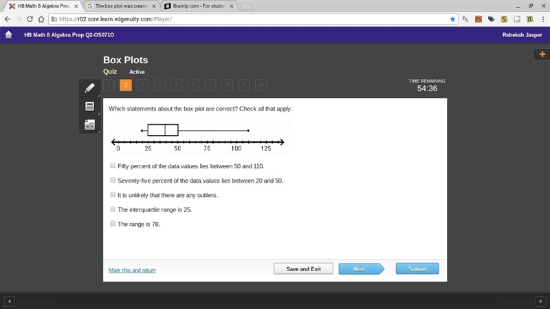 Which statements about the box plot are correct? Check all that apply.-example-1