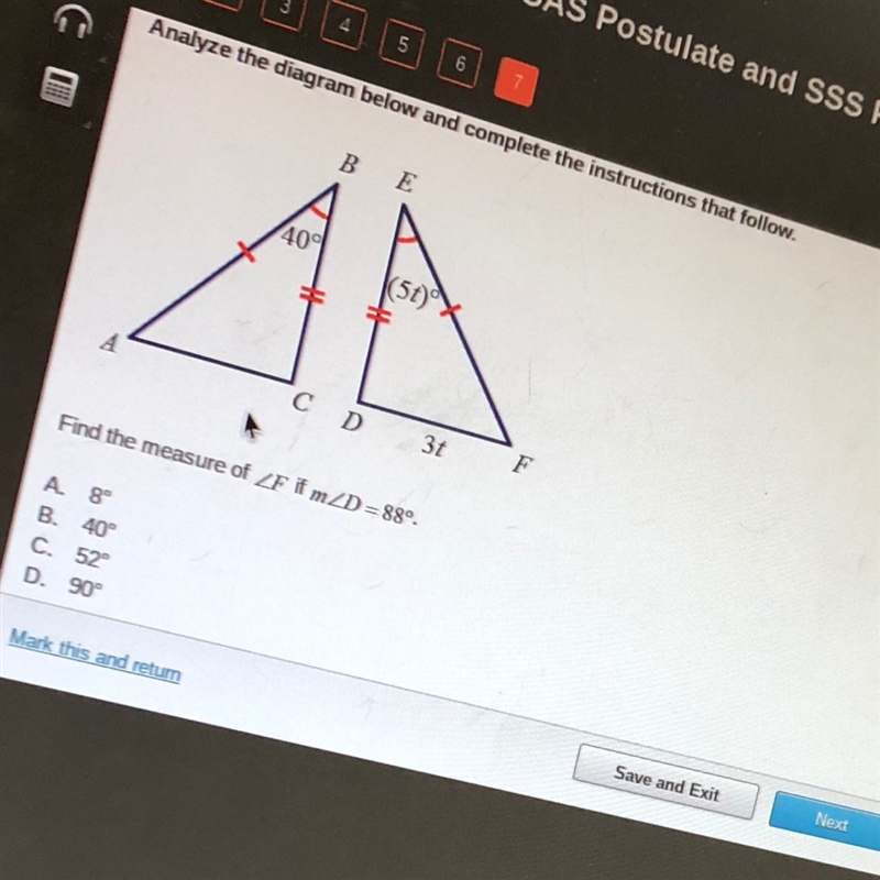 Find the measure of angle F if measure angle D equals 88-example-1