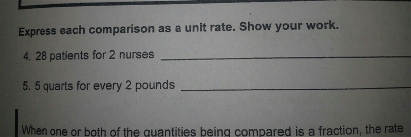 Express each comparison as a unit rate. Show your work. 4. 28 patients for 2 nurses-example-1