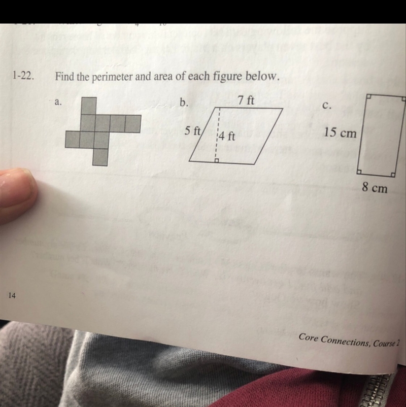 Find the perimeter and are of each figure below-example-1