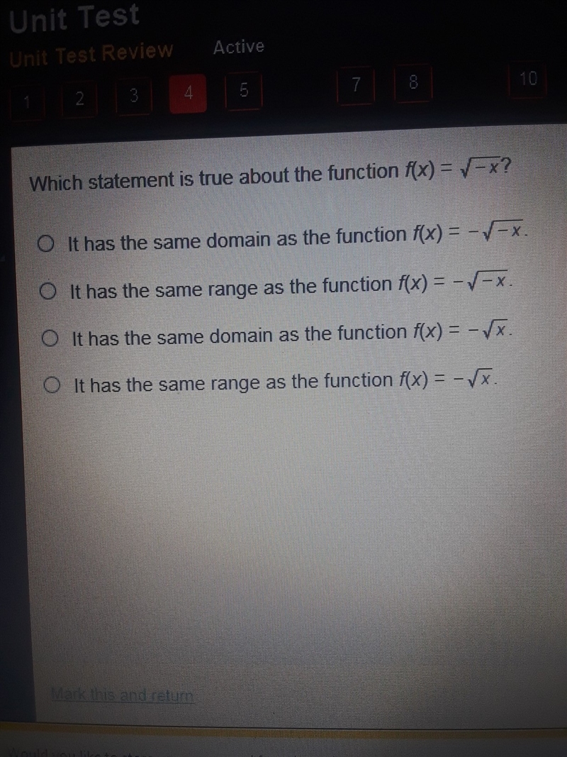 Which statement is true about the function f(x) =√-x-example-1