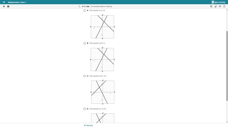 On a piece of paper graph the system of equations. Then determine which answer choice-example-1