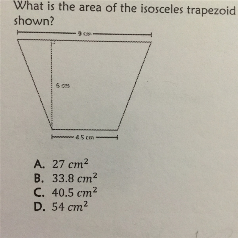 What is the area of the isosceles trapezoid shown?-example-1