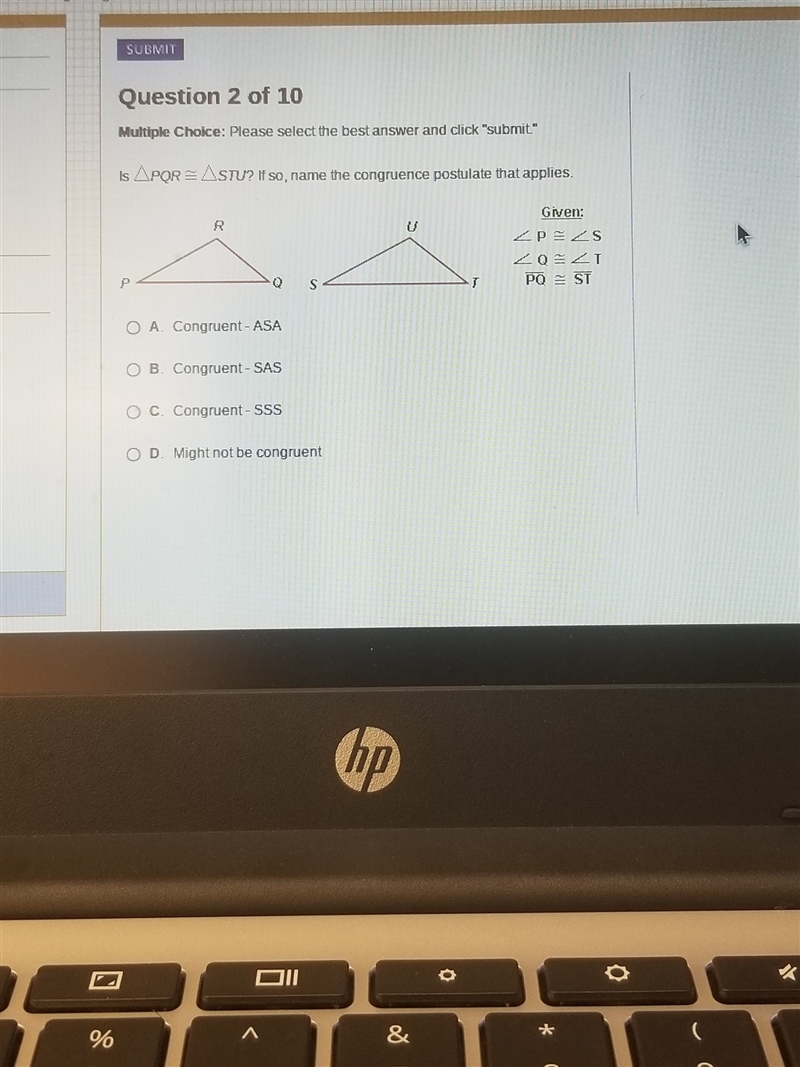 Is PQR=STU if so name the congruence postulate that applies-example-1