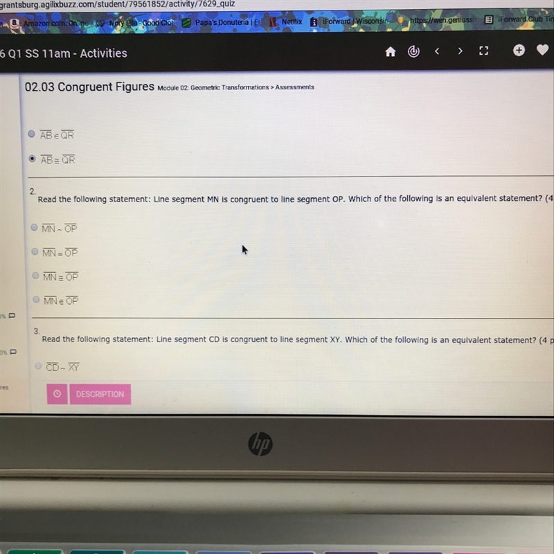 Line segment MN is congruent to line segment OP which of the following is an equivalent-example-1