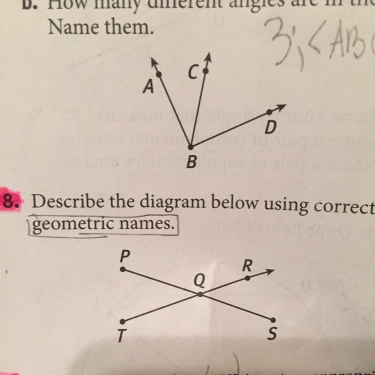 Describe the diagram below using correct geometric names-example-1