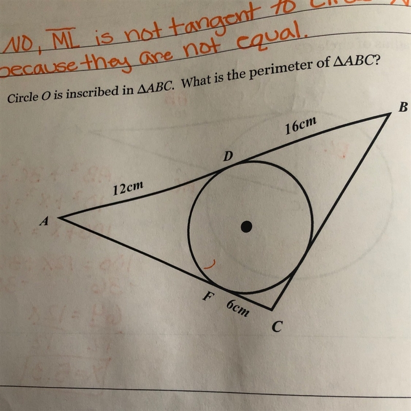 Circle O is inscribed in ABC. What is the perimeter of ABC-example-1