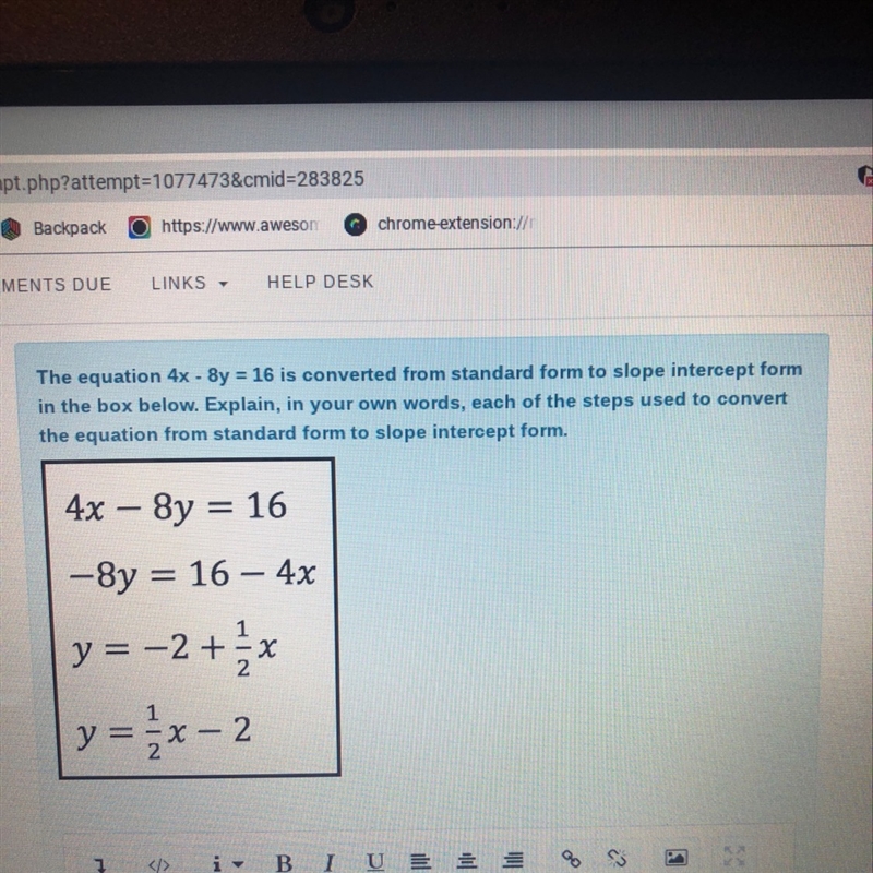 The equation 4x - 8y =16 is converted from standard form to slope-example-1