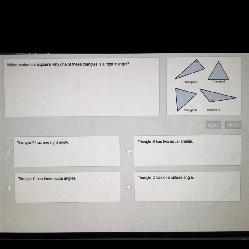 Which statement explains why one of these triangles is a right triangle?-example-1