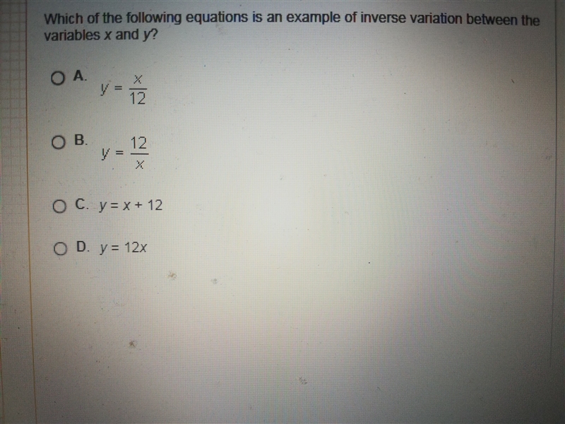 Which of the following equations is an example of inverse variation between the variables-example-1