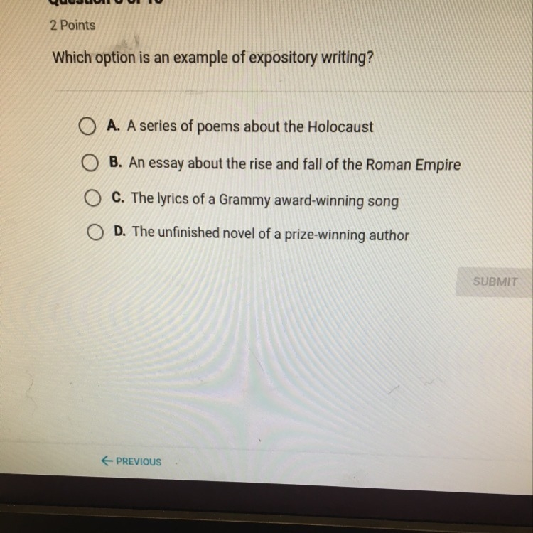 Which option is is an example of expository writing?-example-1