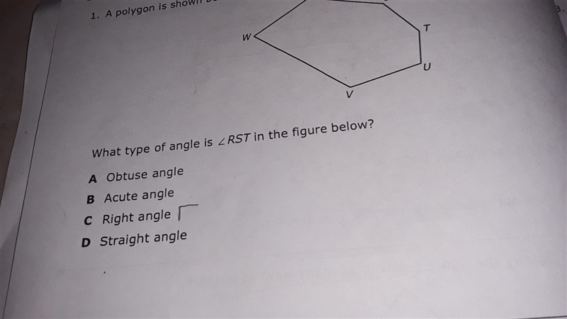 A polygon is shown below what type of angle is RST in the figure below-example-1