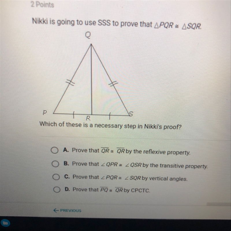 Nikki is going to use SSS to prove that PQR is congruent to SQR-example-1