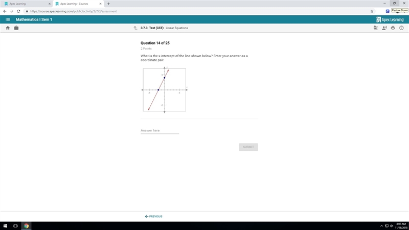 What is the x-intercept of the line shown below? Enter your answer as a coordinate-example-1