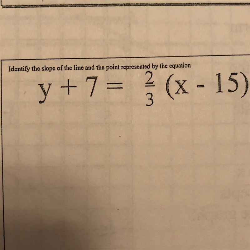 Identify the slope of the line and the point represented by the equation-example-1