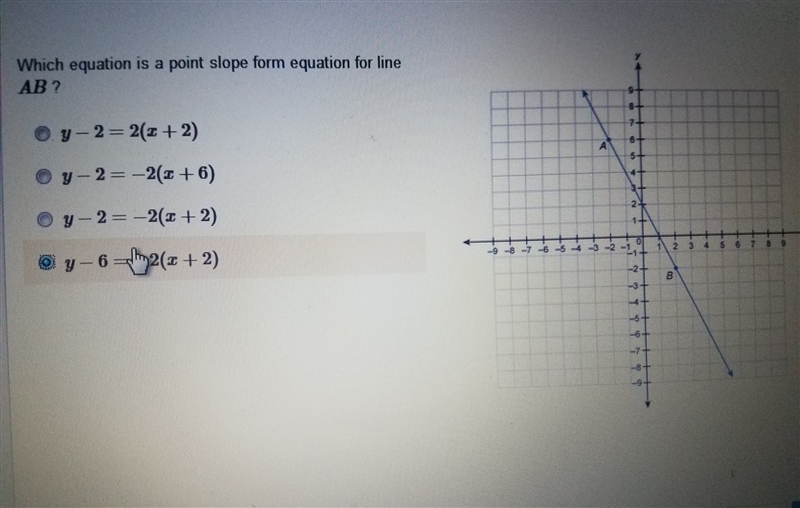 Which equation is a point slope form equation for line AB?-example-1