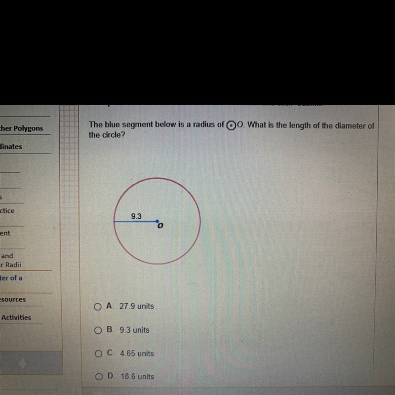 The blue segment below is a radius of o. what is the length of the diameter of the-example-1