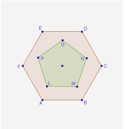 A regular pentagon shares a common center with a regular hexagon. If `bar(LM)` || `bar-example-1