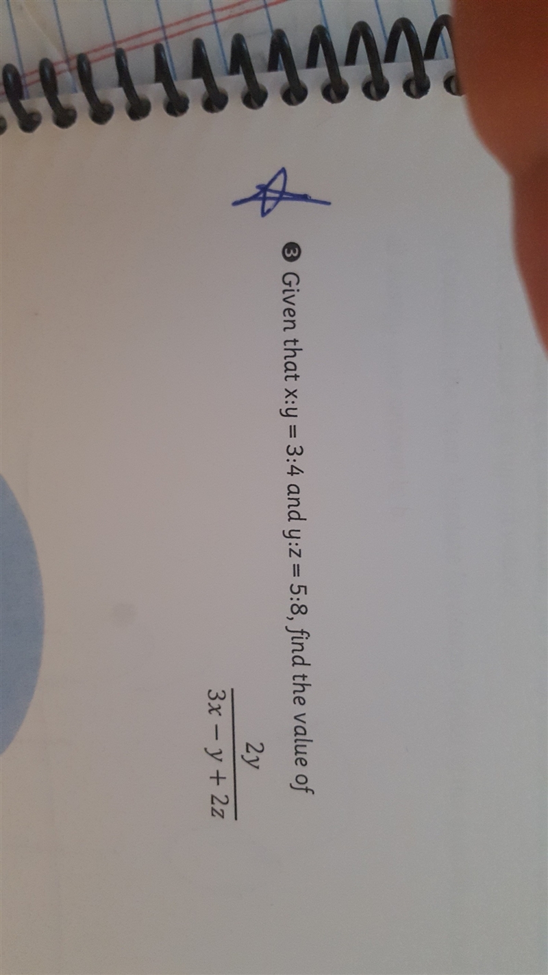 Given that x:y = 3:4 and y:z = 5:8 find the value of 2y/3x -y+2z-example-1