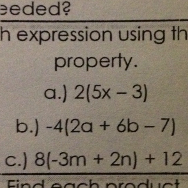 Expand each expression using the distributive property, thank you!-example-1