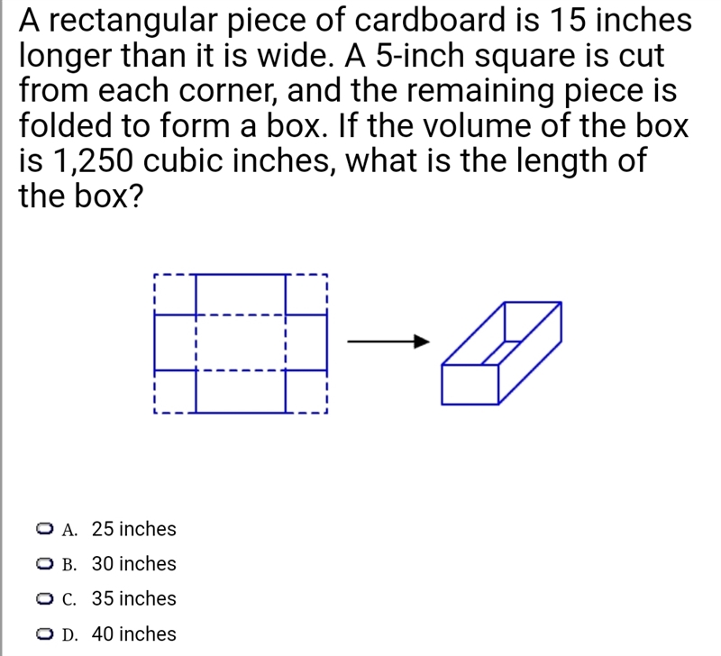 A rectangular piece of cardboard is 15 inches longer than it is wide. A 5-inch square-example-1