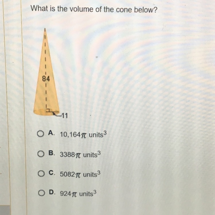 What’s the volume of this cone?-example-1