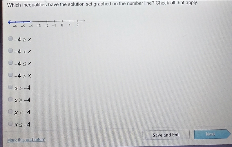 Which inqunalities have the solution set graphed on the number line ? check all that-example-1