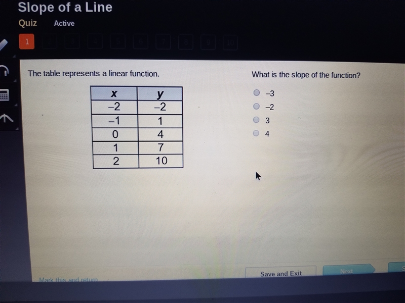 The table represents a linear function. What is the slope of the function? The graph-example-1