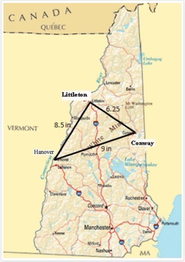 Julie was given a map of New Hampshire to calculate some distances. The scale is 1 inch-example-1