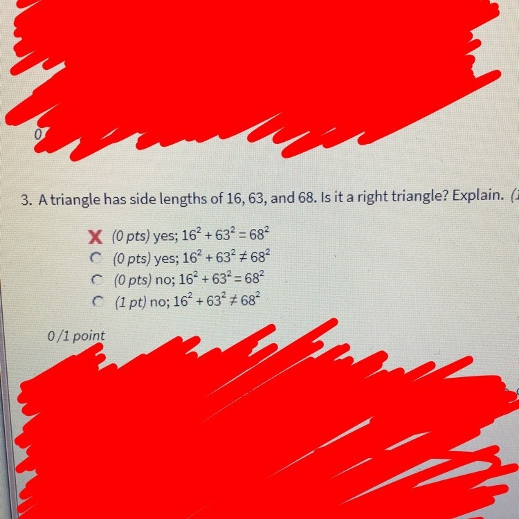 A triangle has side lengths of 16, 63, and 68. Is it a right triangle? Need an explanation-example-1