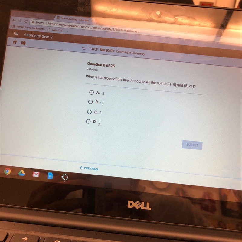 What is the slope of a line that contains the points (-1, 9) And 5, 21)-example-1