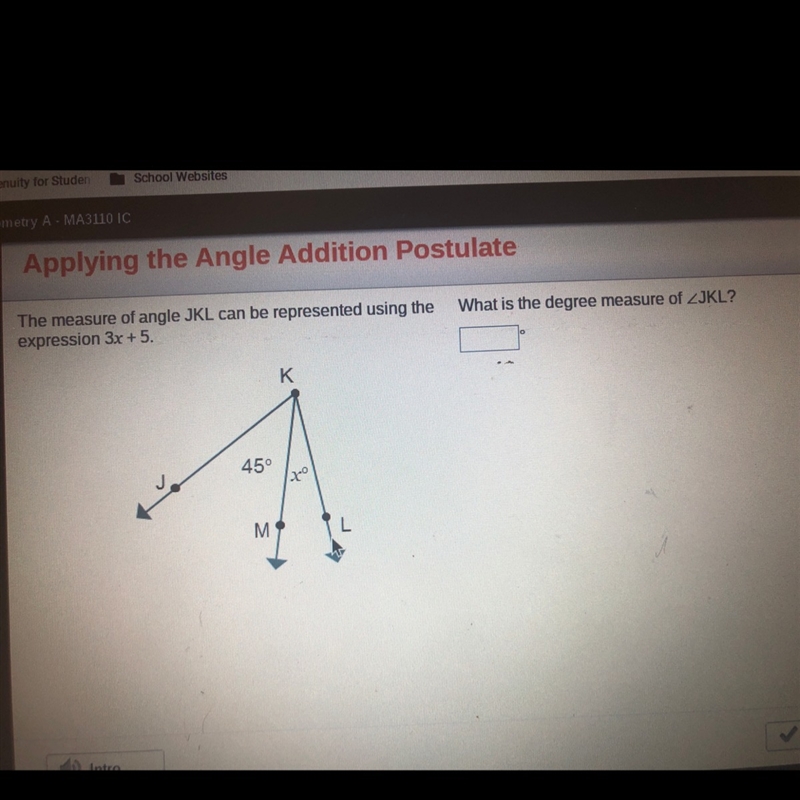 The measure of angle Jkl can be represented using the expression 3x+5 What is the-example-1