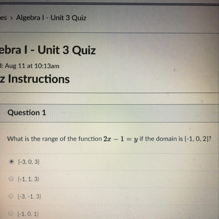 What is the range of a function 2x-1=y if the domain is {-1, 0, 2}?-example-1