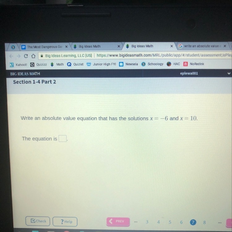 Write an absolute value equation that has the solutions x=-6 and x=10-example-1