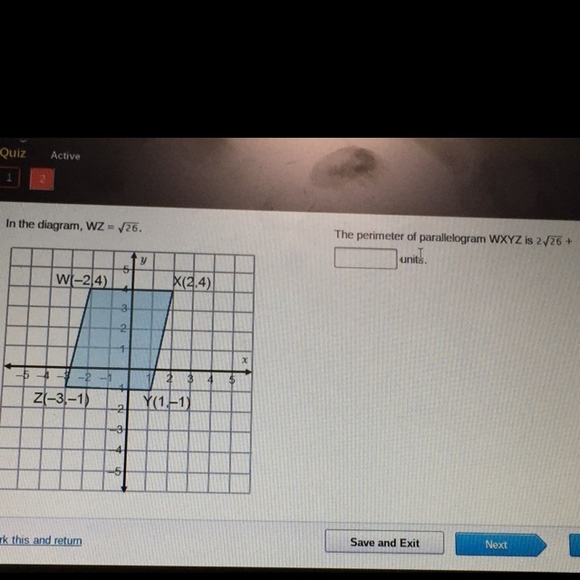 The perimeter of the parallelogram WXYZ is 2 square root of 26 + _____units.-example-1