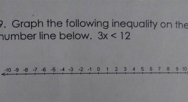 Graph the following inequality on the number line above. 3x < 12-example-1