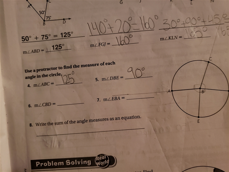 Use a protractor to find the measure of each angle in the circle. My teacher didnt-example-1