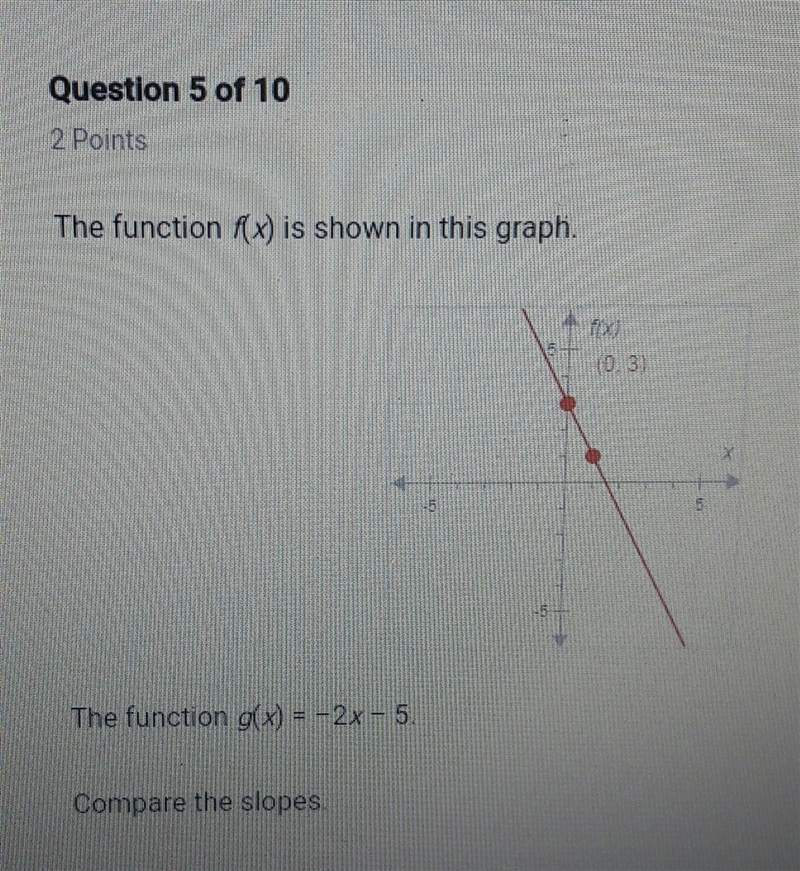 A. The slope of f(x) is less than the slope of g(x). B. The slope of f(x) is the same-example-1