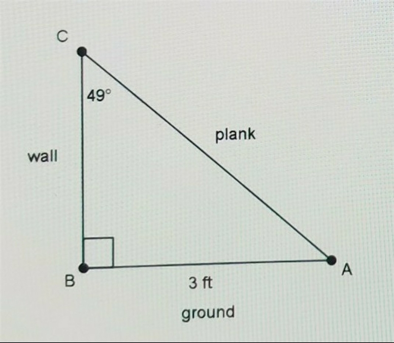 A wooden plank is leaning against a wall. The bottom of the plank is 3 feet from the-example-1