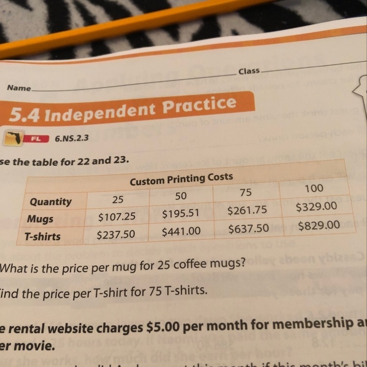 What is the price per mug for 25 coffee mugs? Find the price per T-shirt for 75 T-example-1