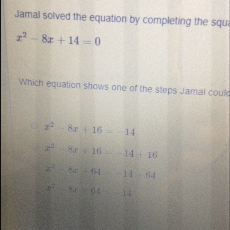 Which equation shows one of the steps Jamal could have taken to complete the square-example-1