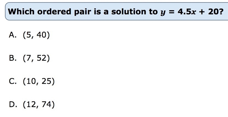 Which ordered pair is a solution to y = 4.5x + 20?-example-1