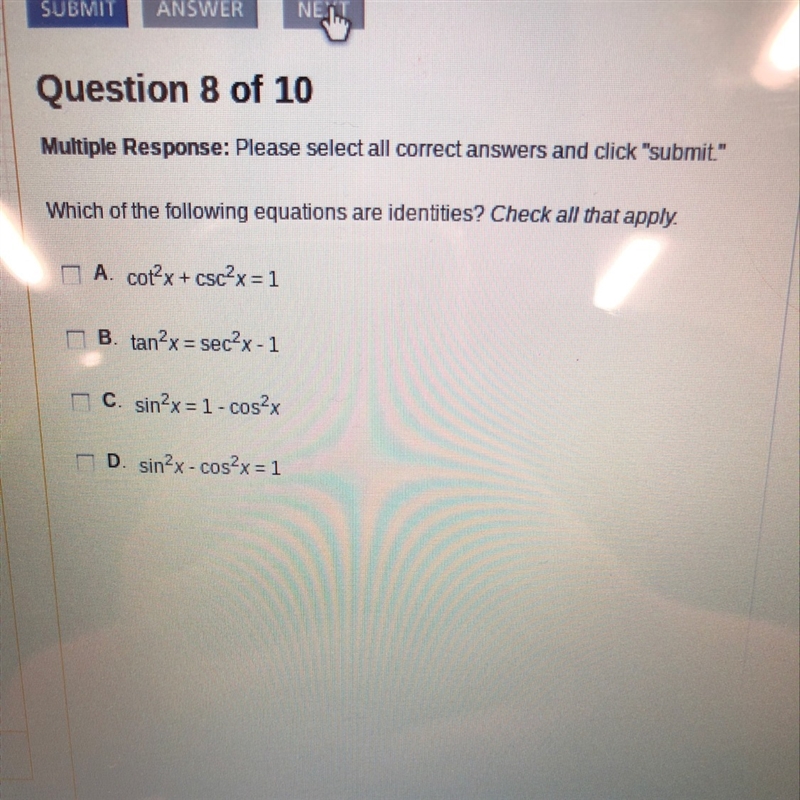 Which of the following equations are identities? Check all that apply.-example-1