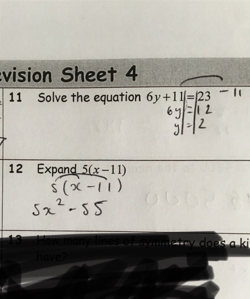 11) Solve the equation 6y+11=23 12) Expand 5(x-11)-example-1