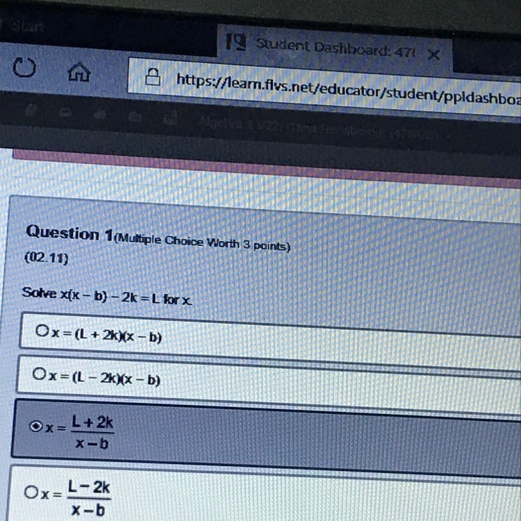 Solve x(x-b)-2k=L for x-example-1