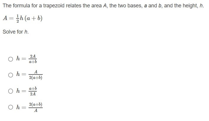 Solve for h A=1/2h(a+b)-example-1