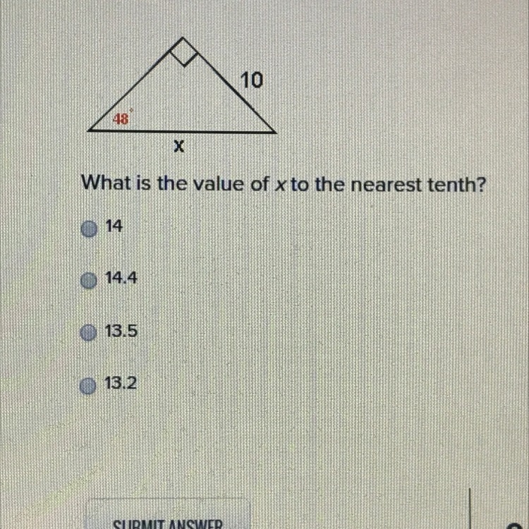 What is the value of x to the nearest tenth? A 14. B 14.4. C 13.5. D 13.2-example-1