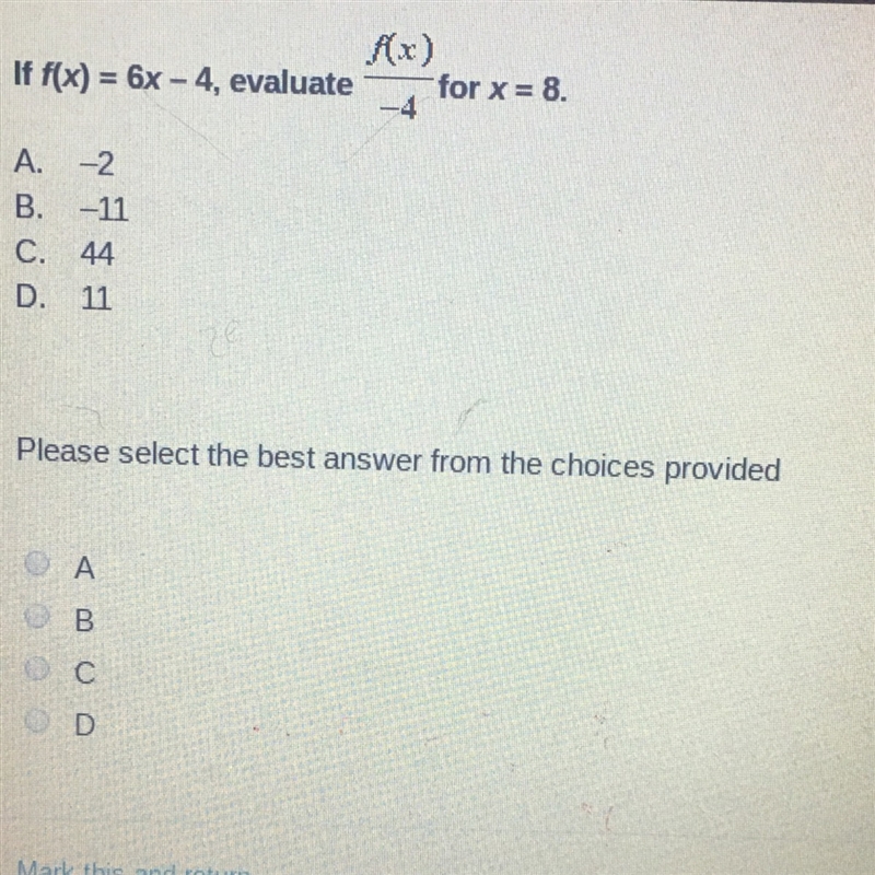 Pls help!!! if f(x) =6x-4, evaluate f(x)/-4 for x=8-example-1