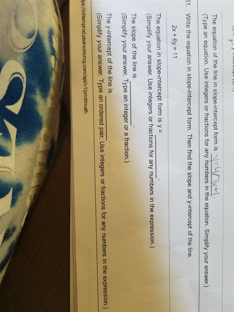 Write the equation in slope-intercept form. Then find the slope and y-intercept of-example-1