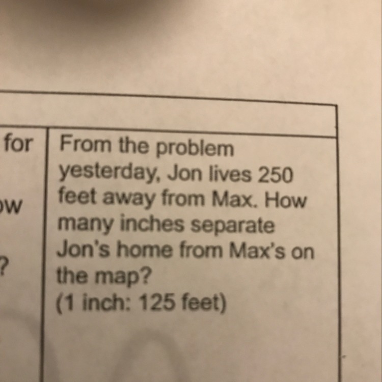 Jon lives 250 feet away from max how many inches separate Jon’s from Max’s house ( 1 inch-example-1